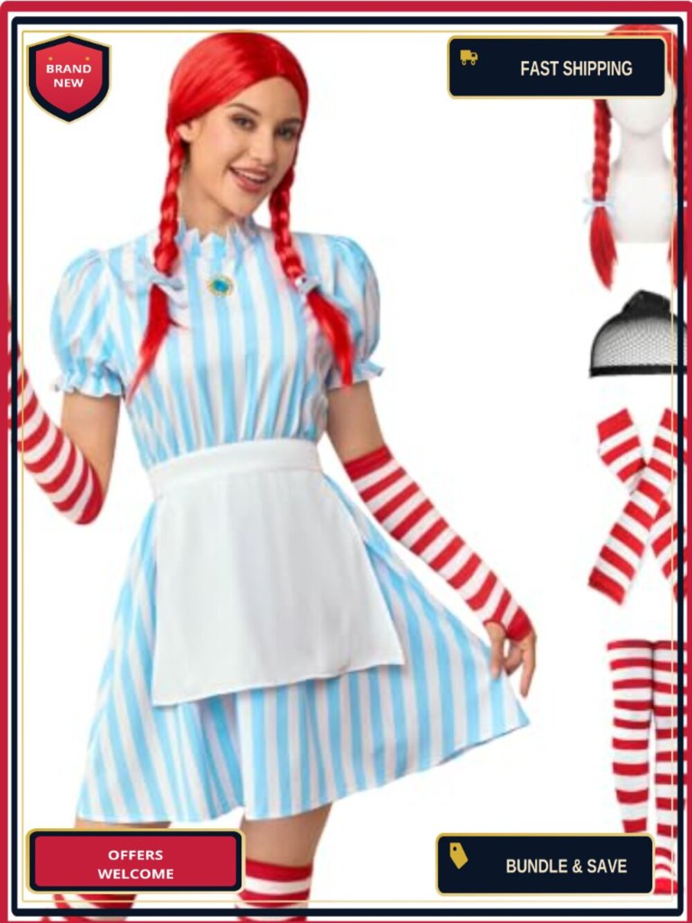 Fast Food Waitress Costume 5PCS Diner Dress Cosplay Halloween Set
